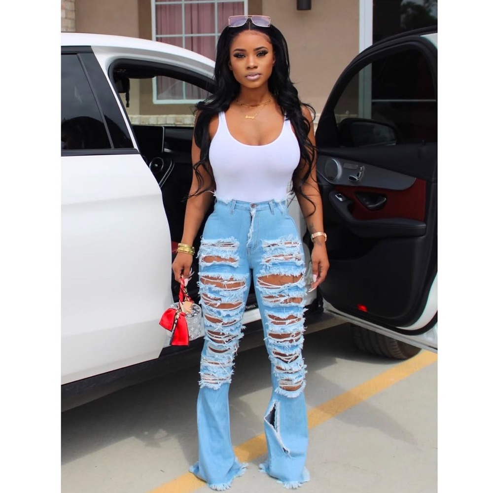 Women's Super High Waisted Distressed Frayed Flare Jeans